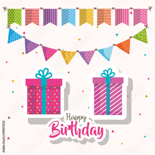 happy birthday gift and garlands celebration card vector illustration design