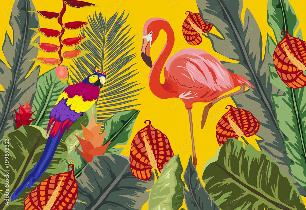 Obraz premium Summer tropical background. Flamingo bird with palm and banana leaves, monstera and datura flowers
