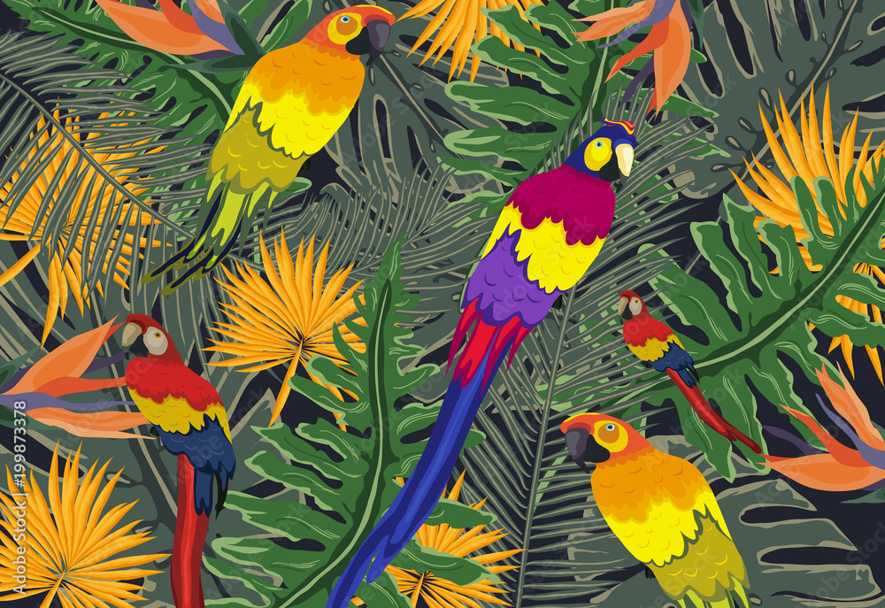 Summer tropical background. parrot with palm and banana leaves, monstera and datura flowers