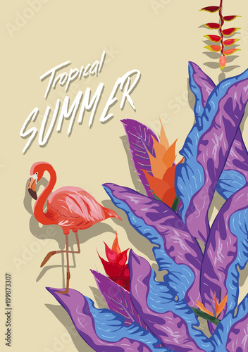 Summer tropical background. Flamingo bird with palm and banana leaves