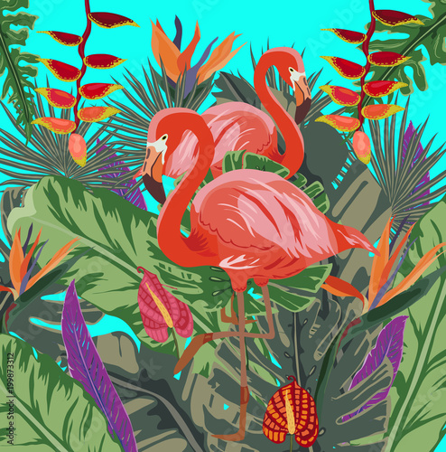 Summer tropical background. Flamingo bird with palm and banana leaves, monstera and datura flowers