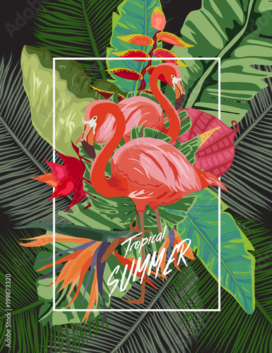 Summer tropical background. Flamingo bird with palm and banana leaves, monstera and datura flowers