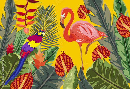 Summer tropical background. Flamingo bird with palm and banana leaves, monstera and datura flowers
