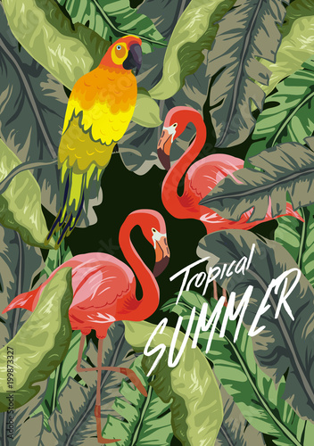 Summer tropical background. Flamingo bird with palm and banana leaves, monstera and datura flowers