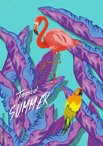 Summer tropical background. Flamingo bird with palm and banana leaves, monstera and datura flowers