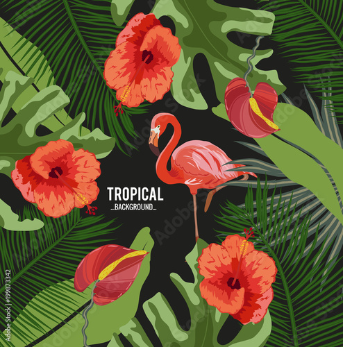 Summer tropical background. Flamingo bird with palm and banana leaves, monstera and datura flowers