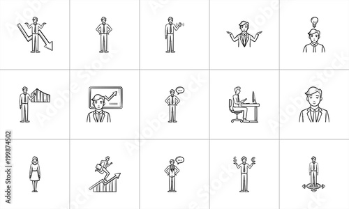 Business sketch icon set for web, mobile and infographics. Hand drawn Business vector icon set isolated on white background.