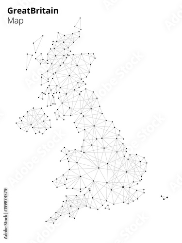 Great britain map illustration in blockchain technology network style on white background. Block chain polygon peer to peer network connected lines technique. Cryptocurrency fintech business concept