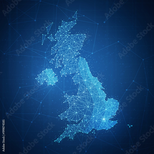 Canvas Print Polygon United kingdom map with blockchain technology peer to peer network on futuristic hud background