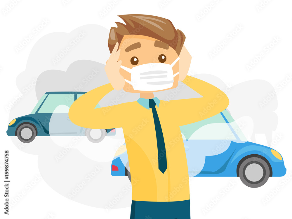 Caucasian white man wearing mask because of toxic air pollution while  standing on the background of car with traffic fumes. Vector cartoon  illustration isolated on white background. Horizontal layout. Stock Vector |