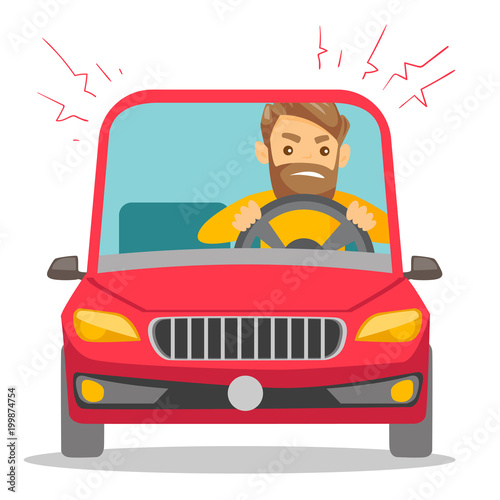 Angry caucasian white man in a car stuck in traffic jam. Irritated young hipster man with beard driving a car in a traffic jam. Vector cartoon illustration isolated on white background. Square layout.