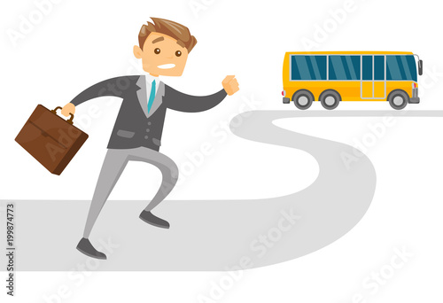 Caucasian white late businessman with briefcase running for an outgoing bus. Young latecomer man running to reach a bus. Vector cartoon illustration isolated on white background. Horizontal layout.