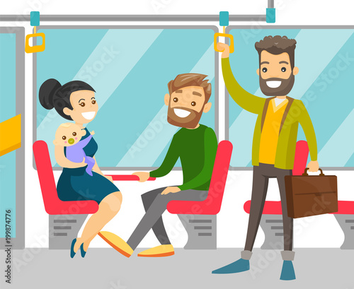 Young caucasian white people traveling by public transport. Cheerful passengers sitting and standing in commuter bus. Vector cartoon illustration isolated on white background. Square layout.