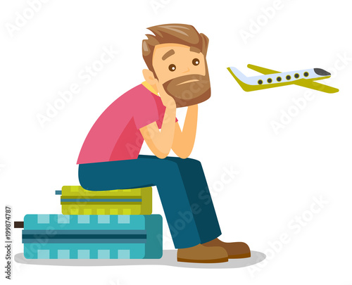 Young caucasian white airplane passenger frightened by future flight. Man suffering from fear of flying. Terrified man waiting for a flight. Vector cartoon illustration isolated on white background.