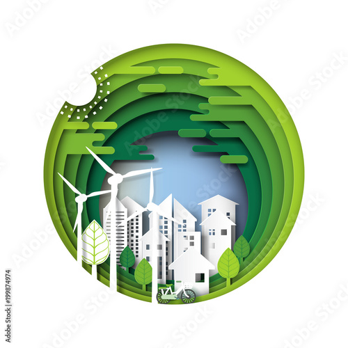 Green eco friendly city and urban forest nature landscape paper layer.Ecology and environment conservation creative idea concept paper art style design.Vector illustration.