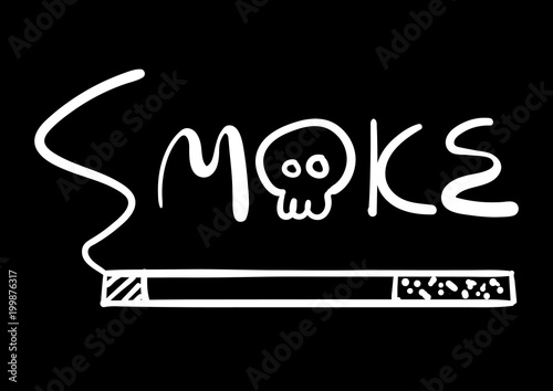 Illustration vector of white hand writing smoke word with skull and cigarette on black background