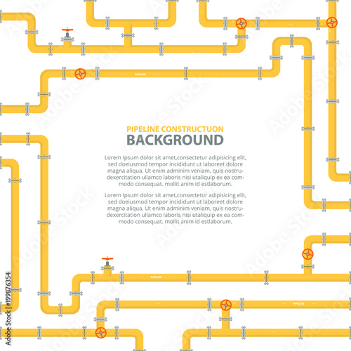 Industrial background with yellow pipeline. Oil, water or gas pipeline with fittings and valves. Vector illustration in a flat style.