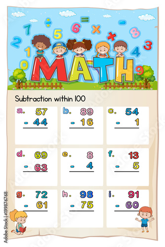 Math worksheet for subtraction within hundred