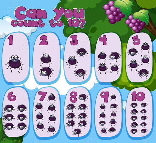 Math worksheet with counting to ten with spiders