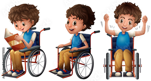 Boy in wheelchair doing three things