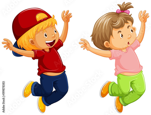 Little boy and girl jumping up