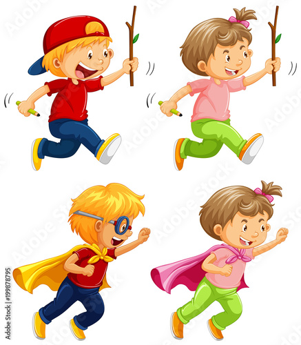 Kids playing and running on white background