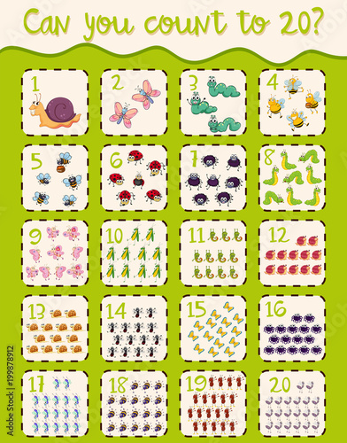 Math worksheet design for counting to twenty
