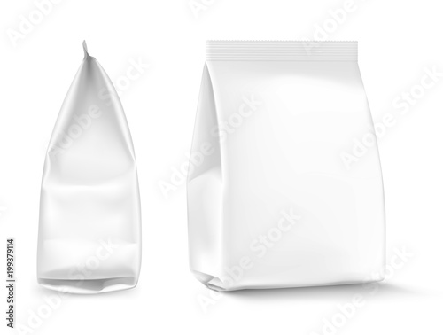 Food snack pillow bag on white background. Front and side views. Vector illustration. Can be use for template your design, promo, adv. EPS10.
