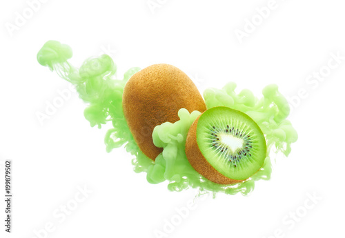 Kiwi fruit on ink isolated over white background