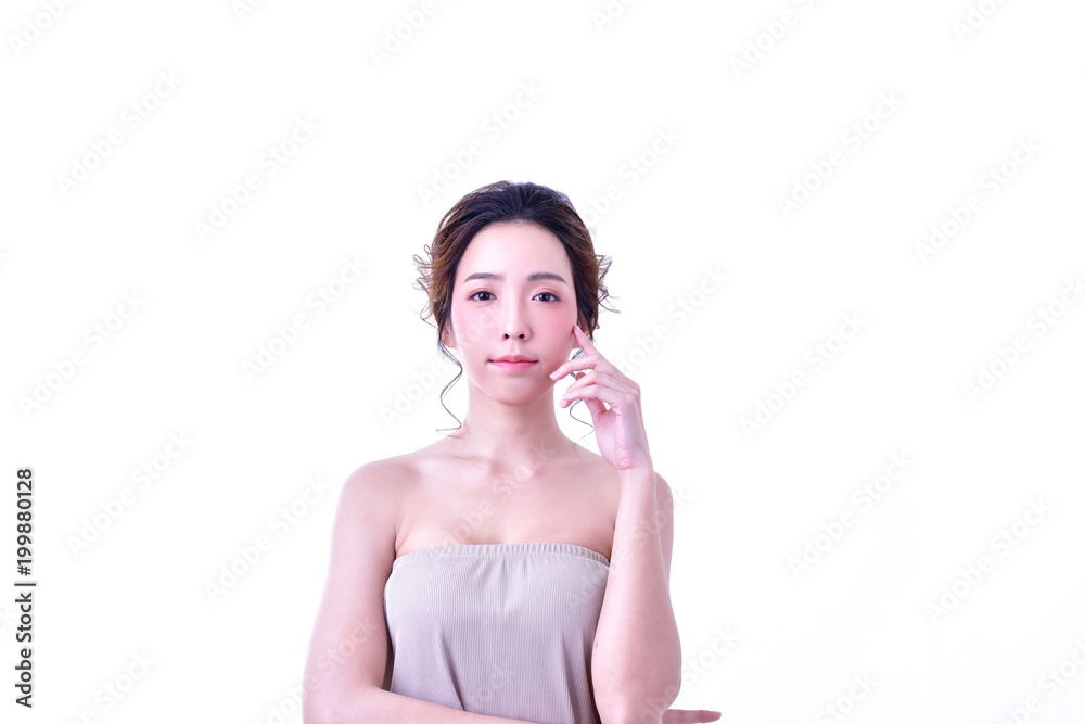 The concept of healthy beautiful woman. Beautiful women keep healthy. Beautiful women take care of skin health. Beautiful girl on white background The concept of healthy beautiful woman. Beautiful women keep healthy. Beautiful women take care of skin health. Beautiful girl on white background