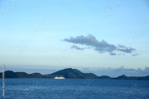 Cruise ship anchored off the coast of Basse Terre, St Kitts, Caribbean with copy space. © lisastrachan