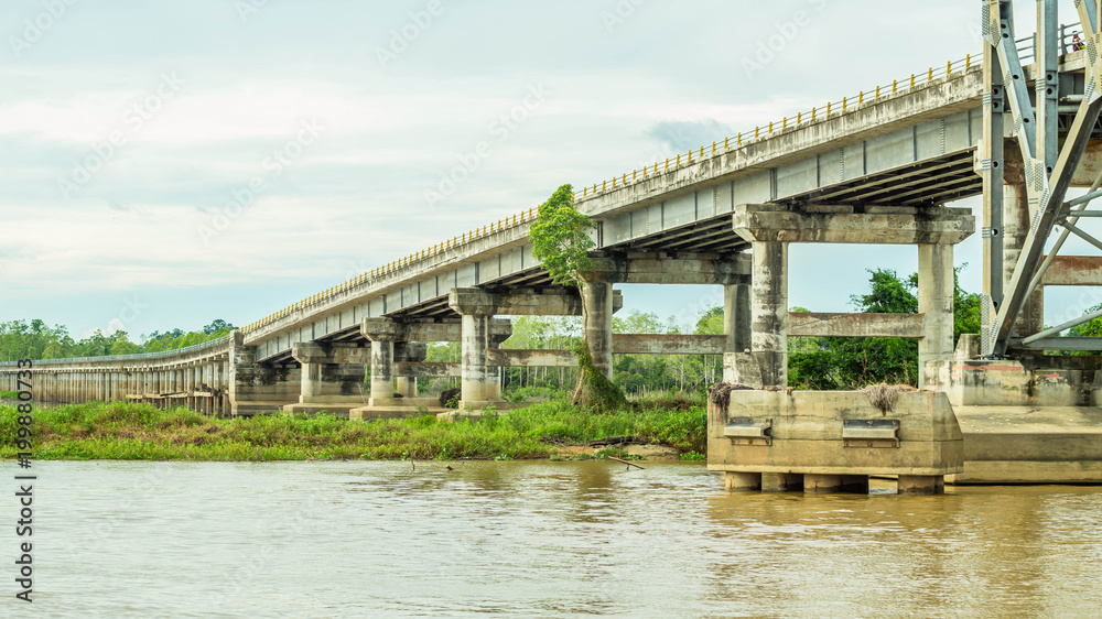 long concrete bridge foundation across swamp / peat land in Borneo, Indonesia