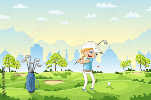 Boy plays golf on a golf course, vector illustration