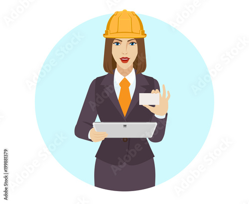 Businesswoman holding a digital tablet PC and showing the business card