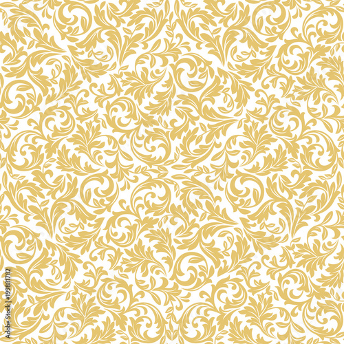 Wallpaper in the style of Baroque. A seamless vector background. White and gold floral ornament. Graphic vector pattern