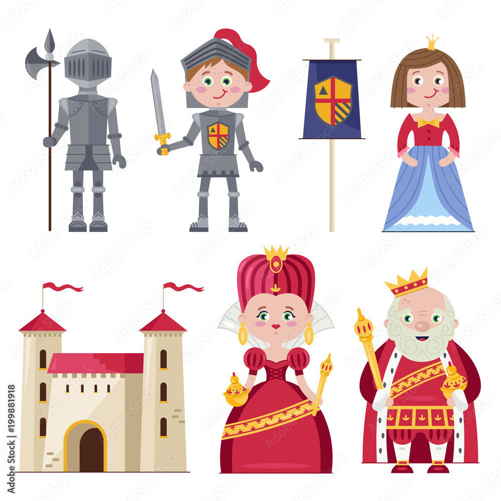 Graphic set of royal family with princess and knight wearing armour composed on white with kingdom castle. 