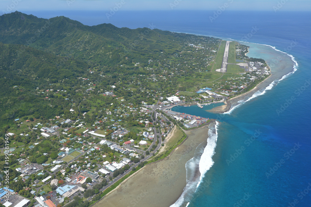 Aerial view of Avarua town and district in the north of the island of Rarotonga Cook Islands