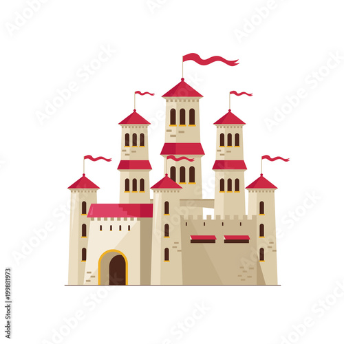 Flat design of beautiful castle from fairytale with flying flags on white background.