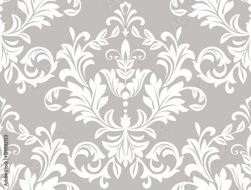 Wallpaper in the style of Baroque. A seamless vector background. White and grey floral ornament. Graphic vector pattern.