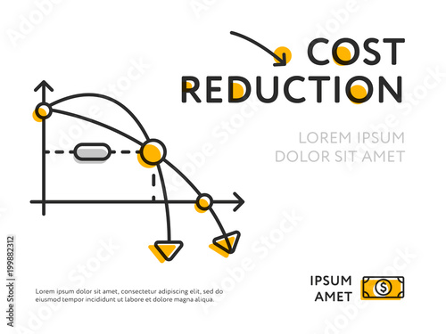 Infographic chart with lowering arrows showing cost reduction in poster on white. 