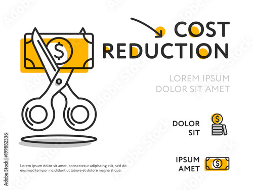 Flat design of infographic poster with scissors cutting money bill showing cost value loss. 