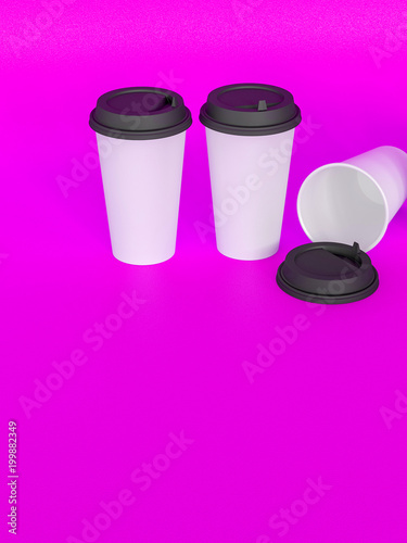 3d model of paper cups with a lid standing on a plane under natural light. Pink background. Rendering.