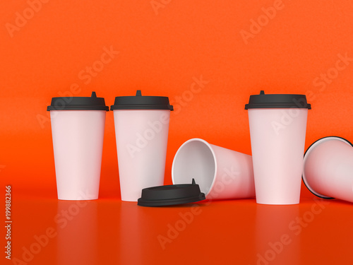 3d model of paper cups with a lid standing on a plane under natural light. Red background. Rendering.