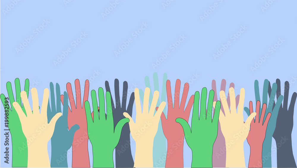 Fototapeta premium Morze uniesionych rąk. Kolorowe ręce, dłonie jako pojęcie różnorodności, komunikacja międzyludzka, głosowanie, pomoc, wspólne cele, wspólny interes, społeczność i stowarzyszenie. Skopiuj miejsce.