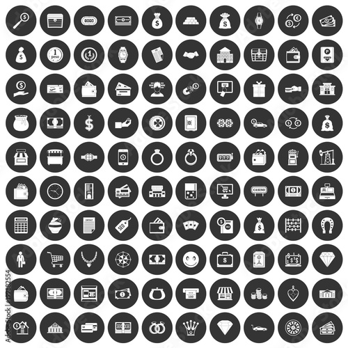 100 money icons set black circle
