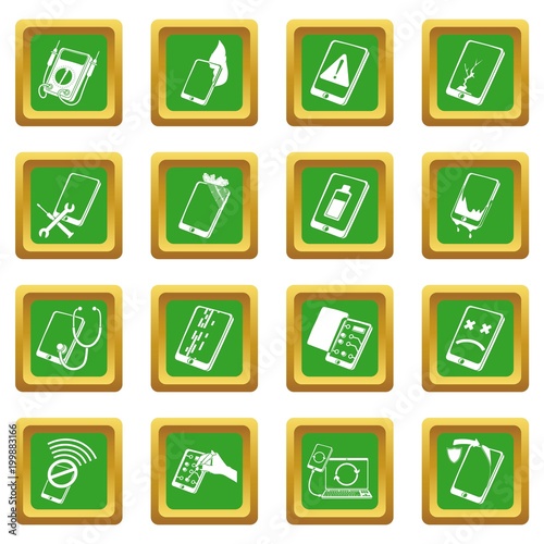 Repair phones fix icons set green square vector