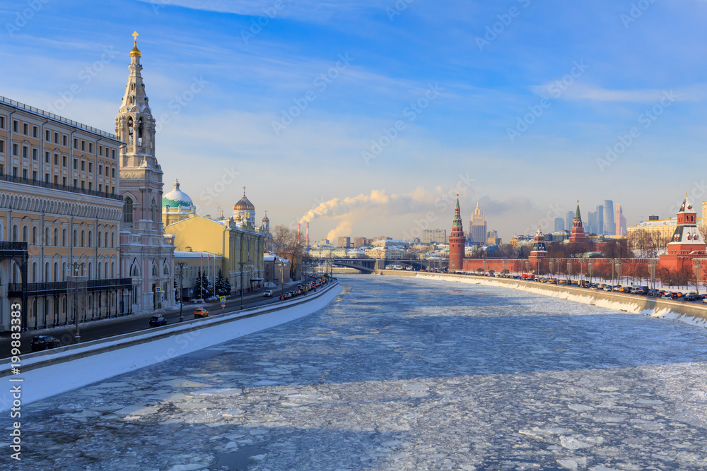 View of Sofiyskaya embankment in sunny winter day. Moscow in winter
