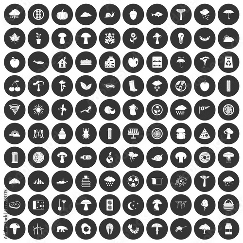 100 mushrooms icons set black circle