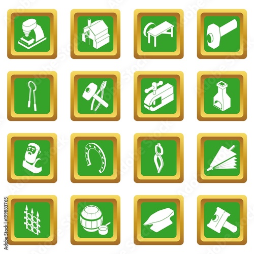 Blacksmith tools icons set green square vector