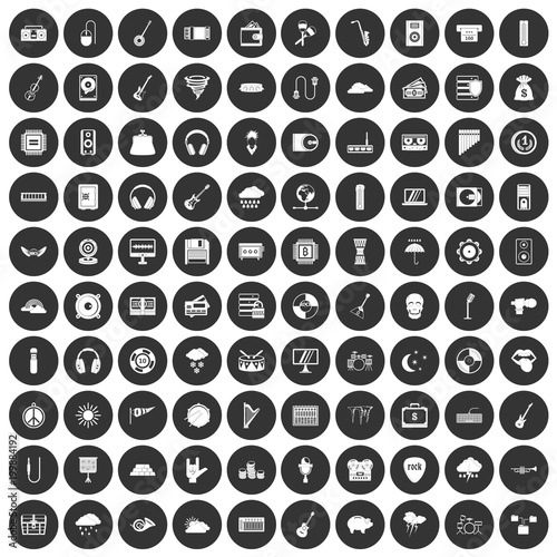 100 music festival icons set black circle